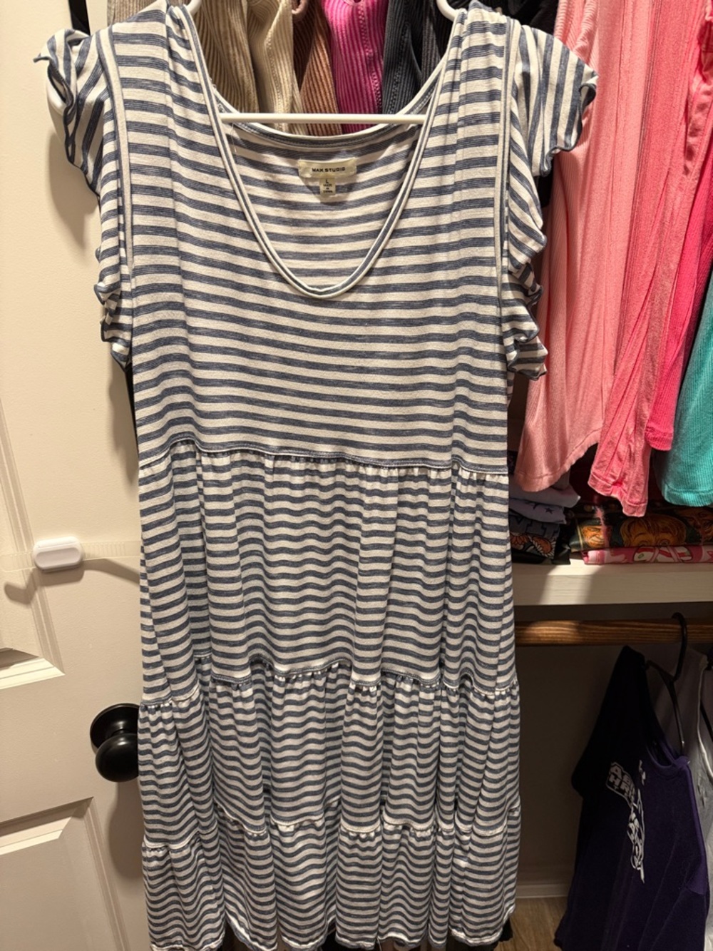 Max Studio White and Blue Striped Midi Dress